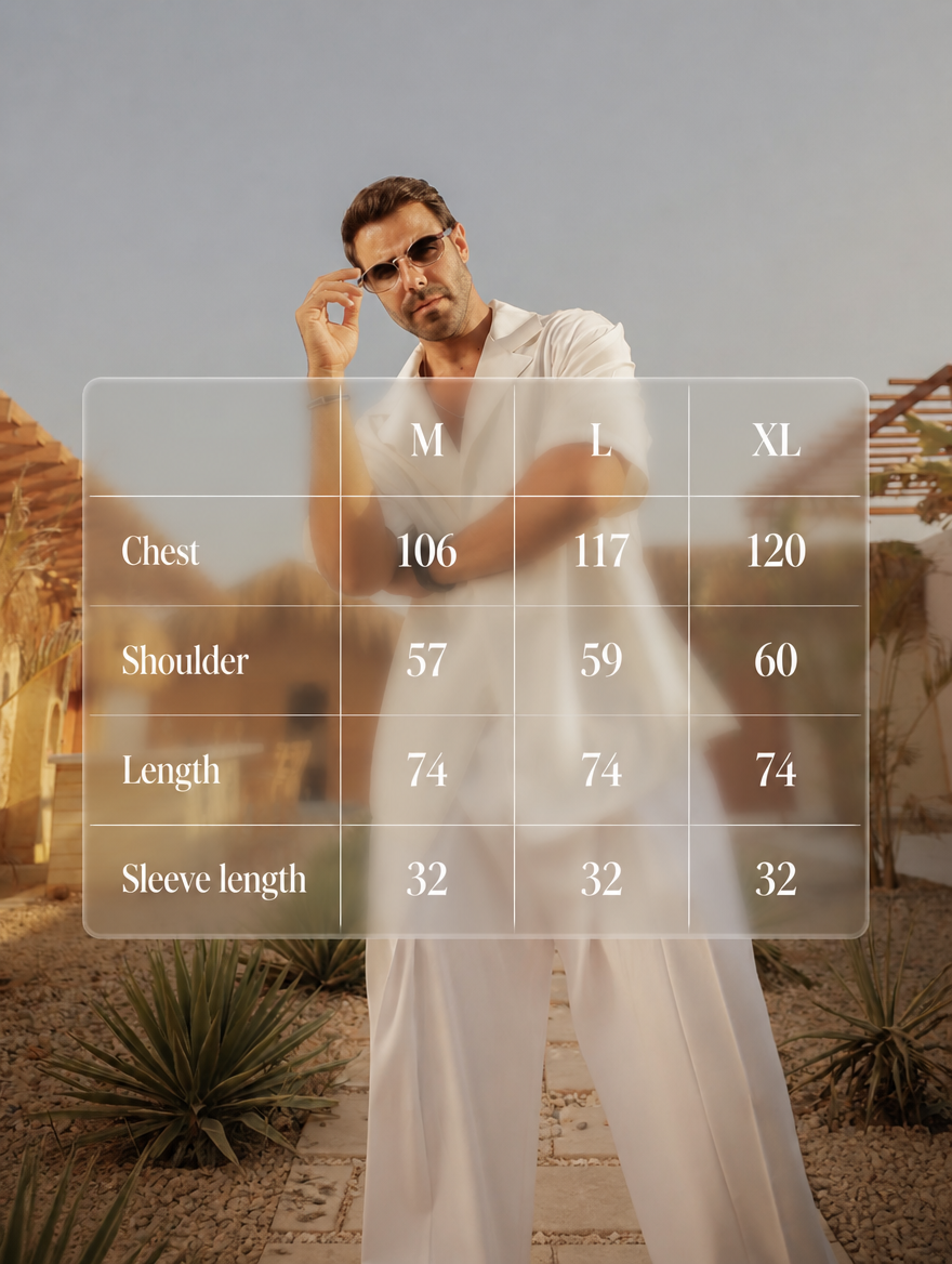 RAZ-10 pearl shirt size chart showing measurements for sizes M, L and XL