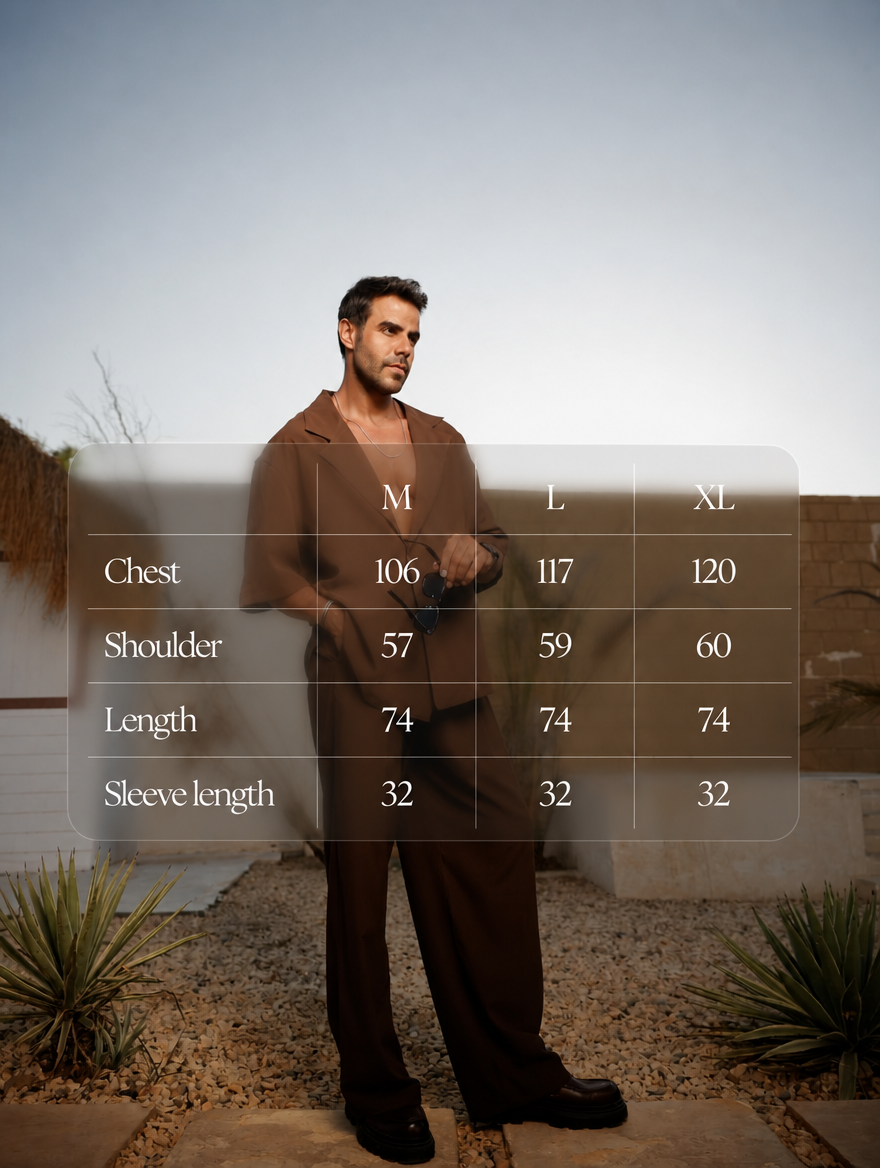 RAZ STUDIO M–XL size chart showing chest, shoulder, body length and sleeve measurements.