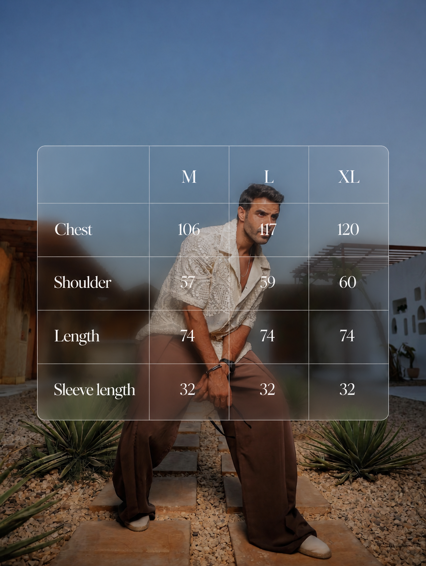 RAZ-07 guipure lace shirt size chart showing chest, shoulder, length and sleeve length measurements for sizes M, L and XL.