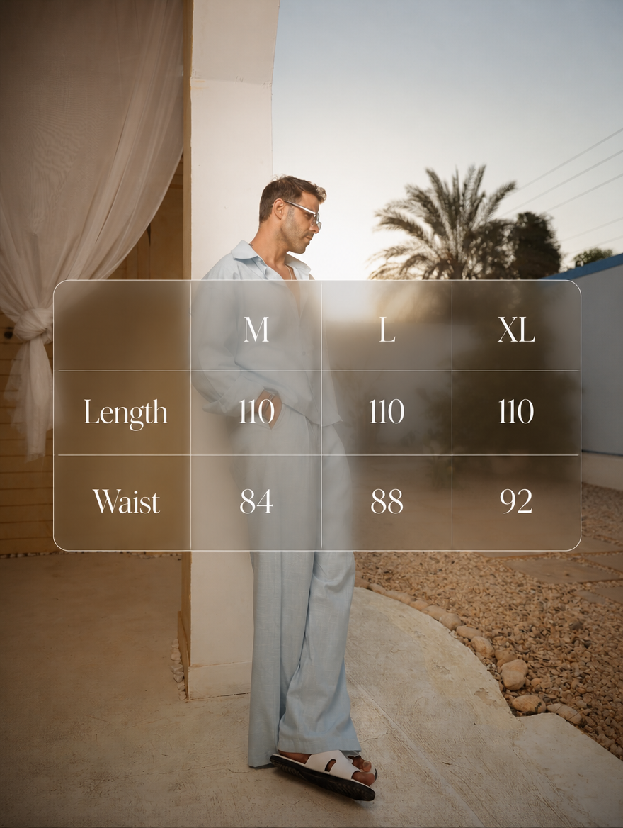 RAZ-04 sky blue wide-leg pants size chart for M, L and XL, showing length 110 and waist 84, 88 and 92
