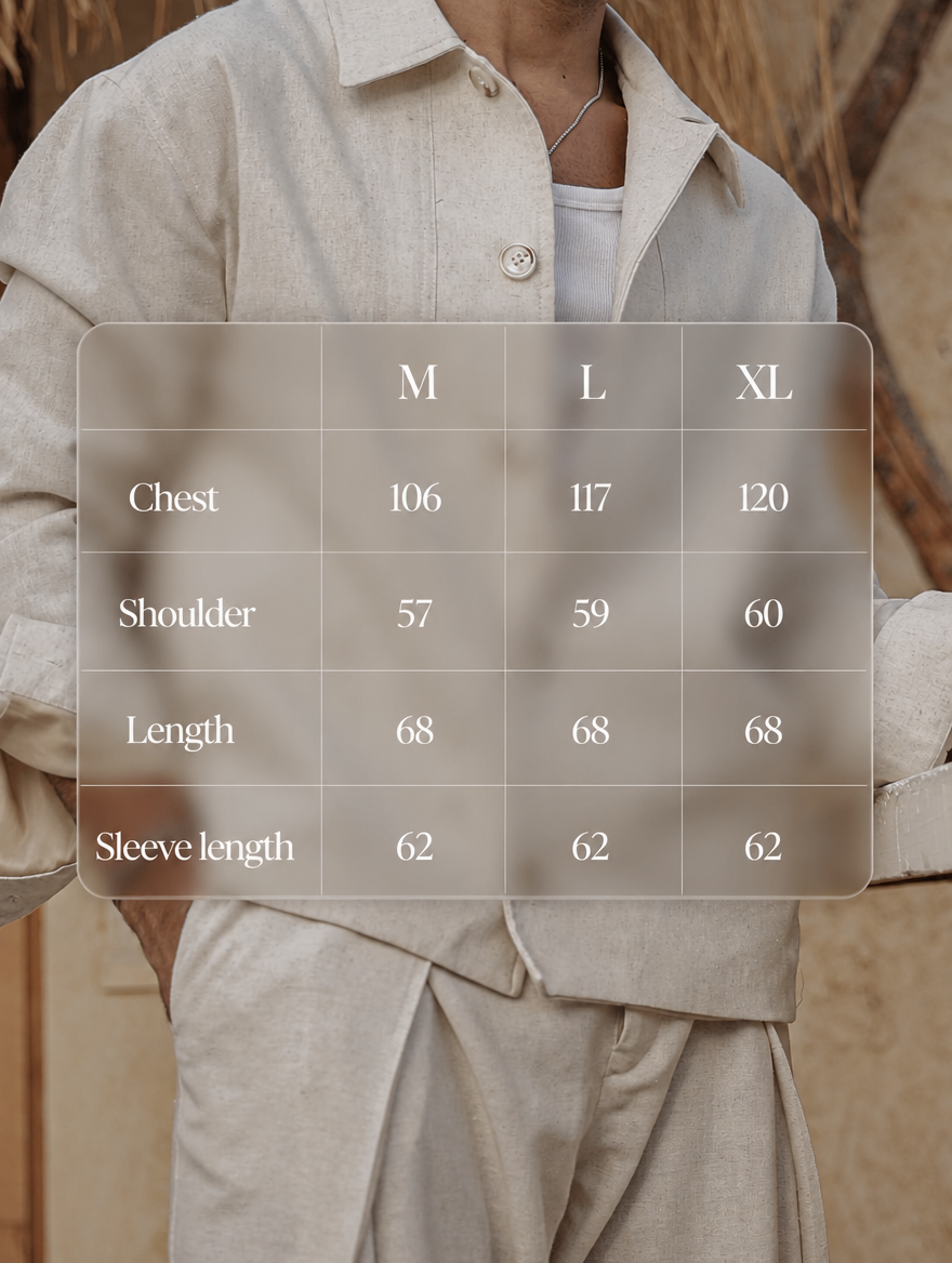 RAZ-05 sand jacket size chart showing measurements for sizes M, L and XL
